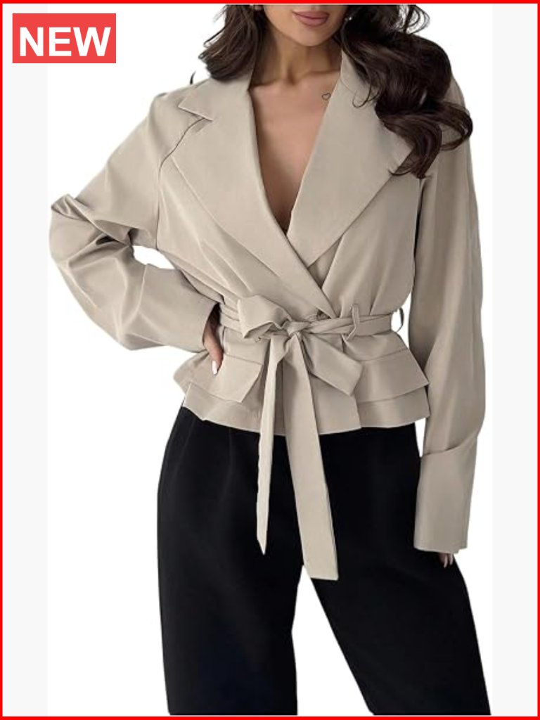 Trench Coat Fall Outerwear Double Breasted Tie Belt Notch Collar